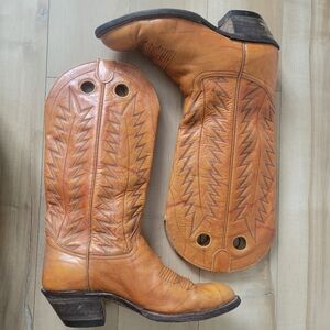 Vintage Hondo Cognac Brown Leather Western Tall Cowboy Boots Men's Sz 7.5 Wide